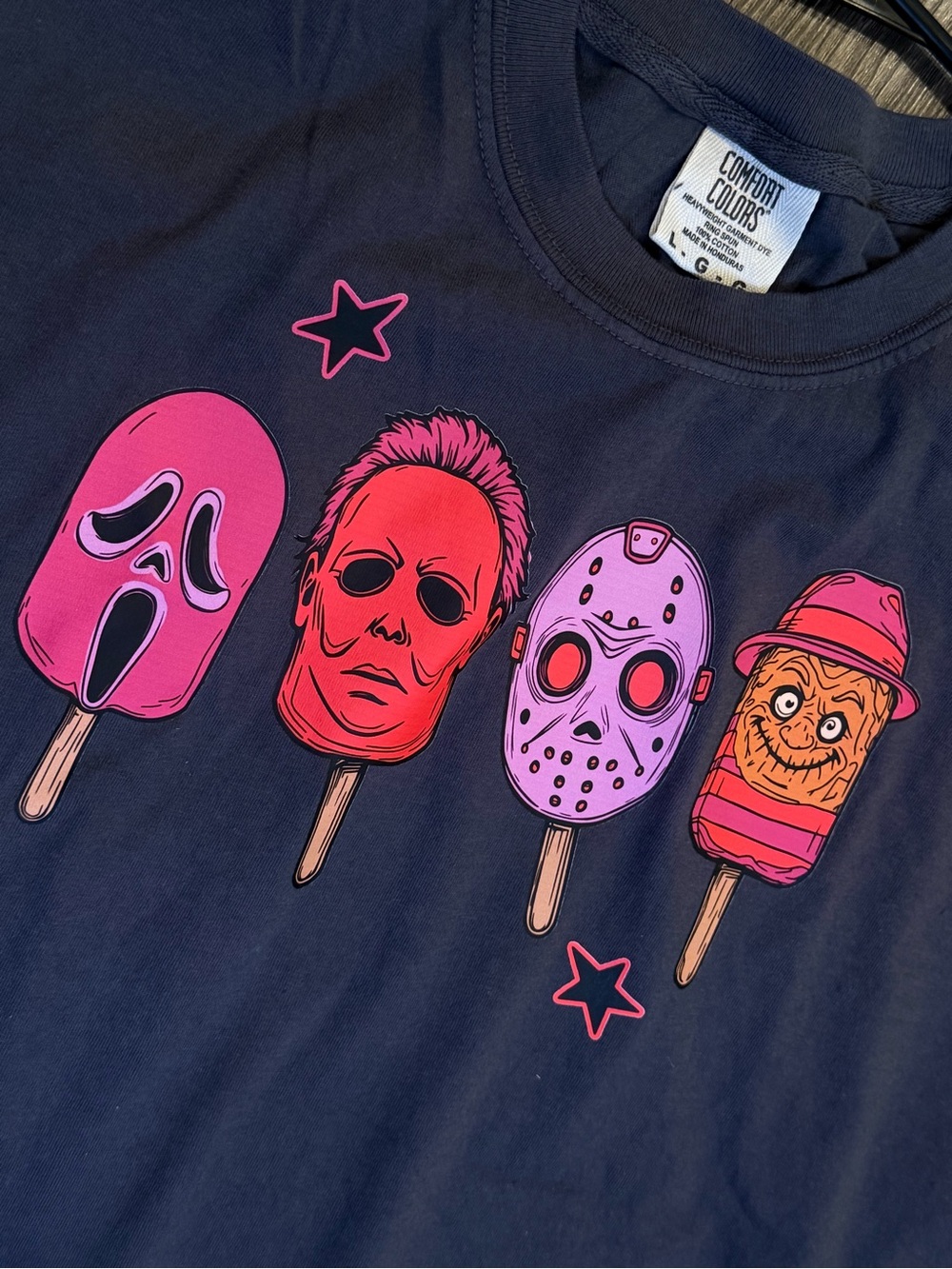 Comfort Colors Navy Tee with Pink & Red Horror Popsicle Graphics